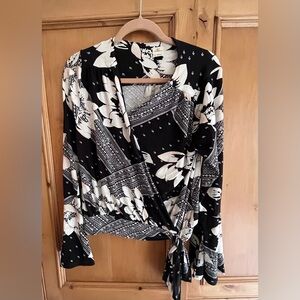 Oniel Floral Wrap Blouse - Black and White Jersey